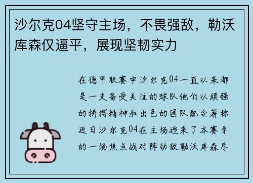 沙尔克04坚守主场，不畏强敌，勒沃库森仅逼平，展现坚韧实力