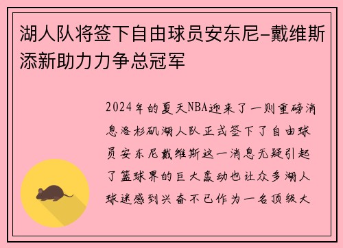 湖人队将签下自由球员安东尼-戴维斯添新助力力争总冠军