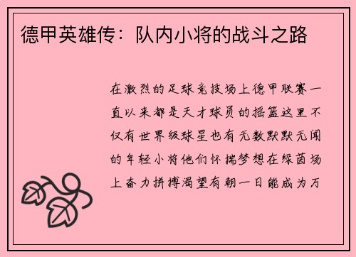 德甲英雄传：队内小将的战斗之路
